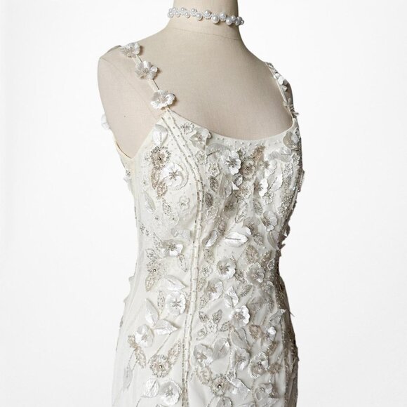 Vintage Off White Floral Applique Beaded Mesh Maxi Bodycon Prom Dress Size M - Picture 7 of 8